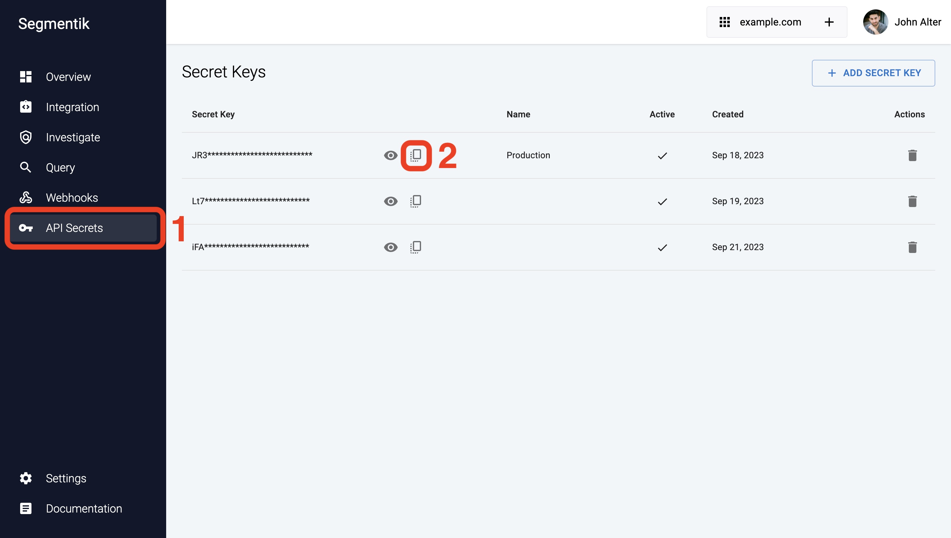 Getting API secret keys from the dashboard